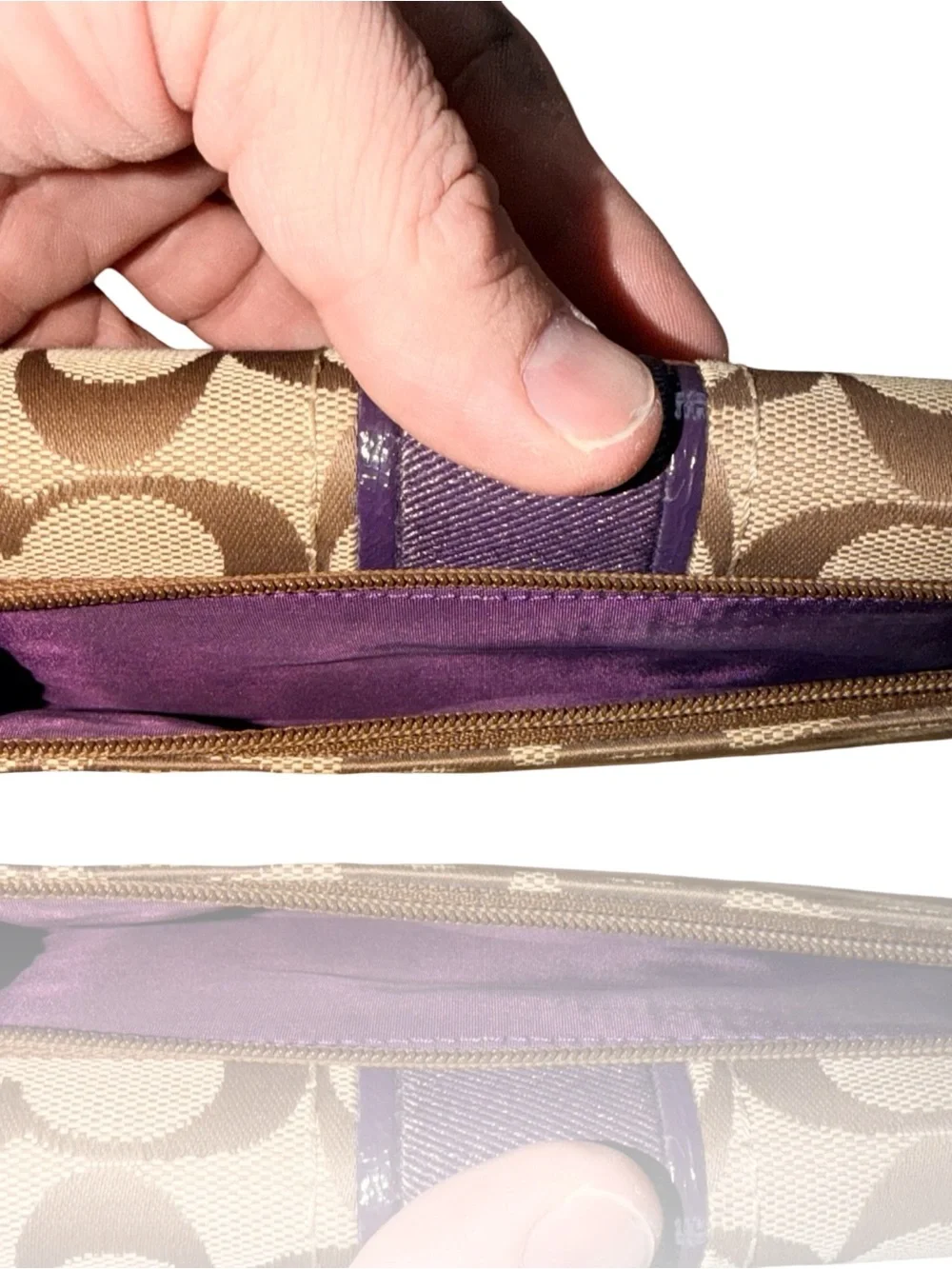 Coach Khaki Signature Wallet with Purple Leather Trim